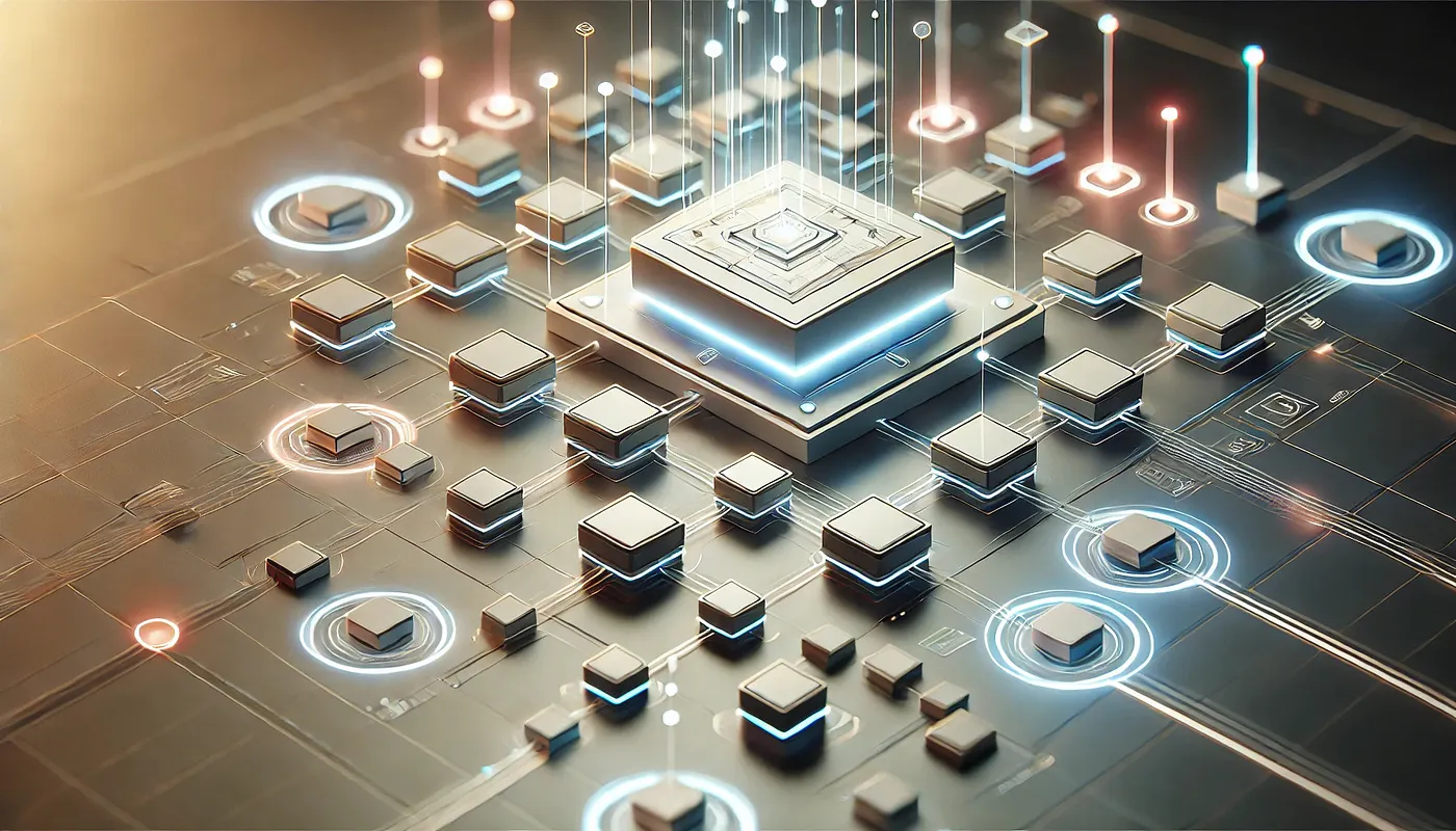 A glowing central processor connected to a grid of smaller modules on a dark background