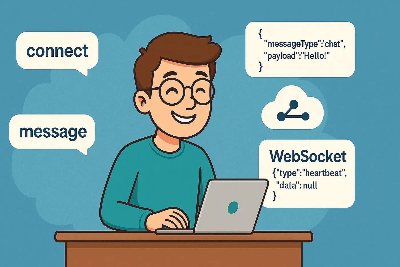 A smiling developer sending WebSocket messages from a laptop