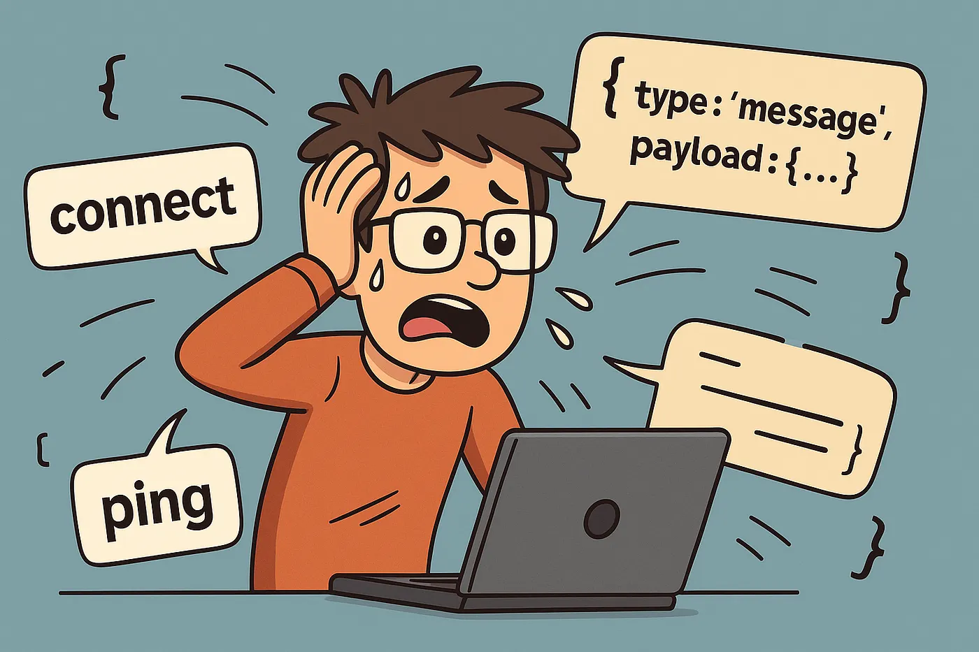 A confused developer surrounded by WebSocket connection and payload messages