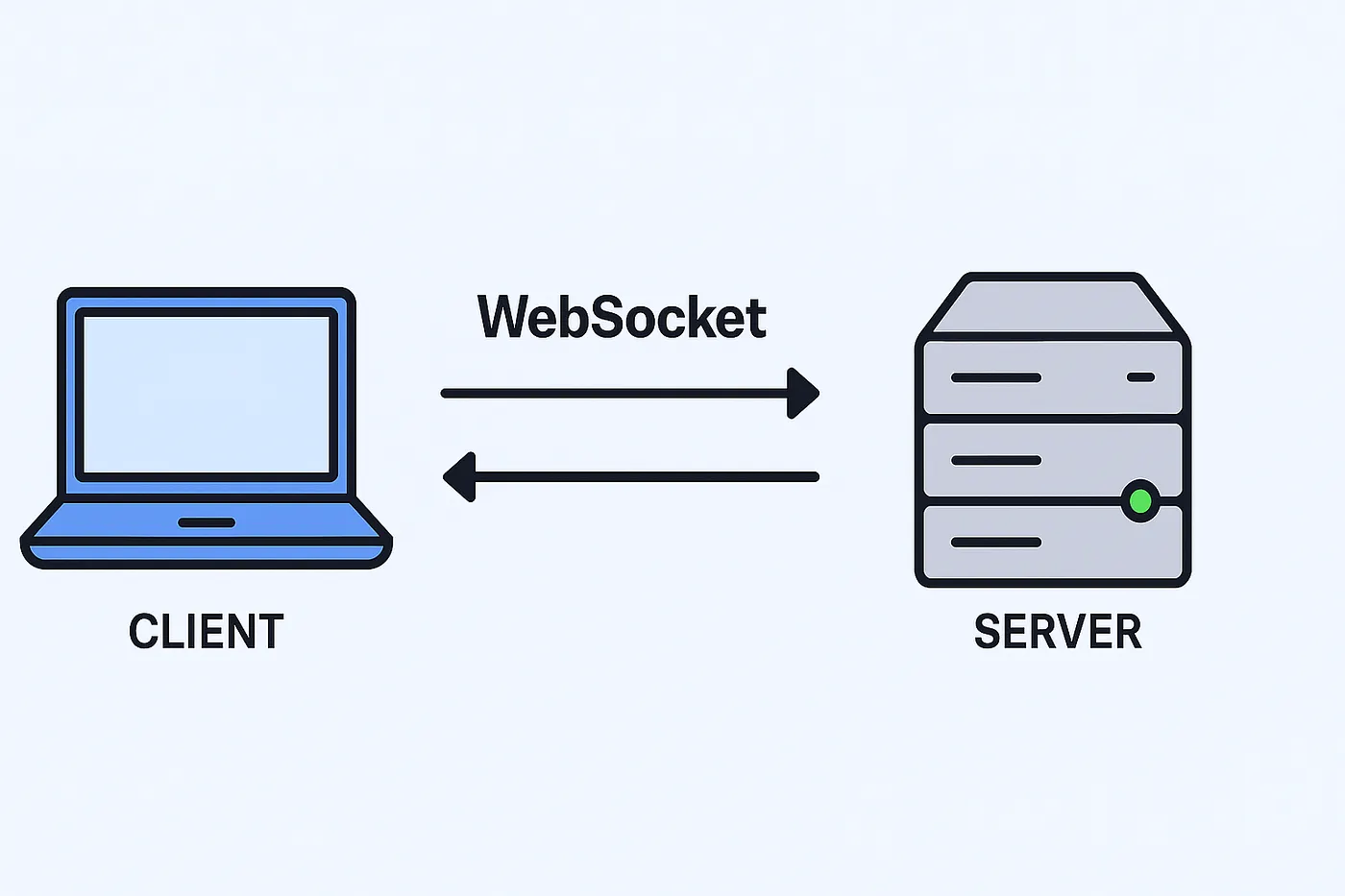 A laptop labeled CLIENT connected bidirectionally to a SERVER over WebSocket