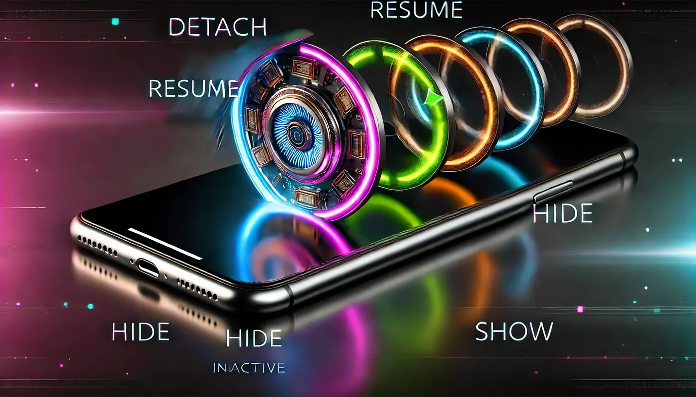 A smartphone with glowing lifecycle rings labeled Detach, Resume, Hide, Inactive, and Show