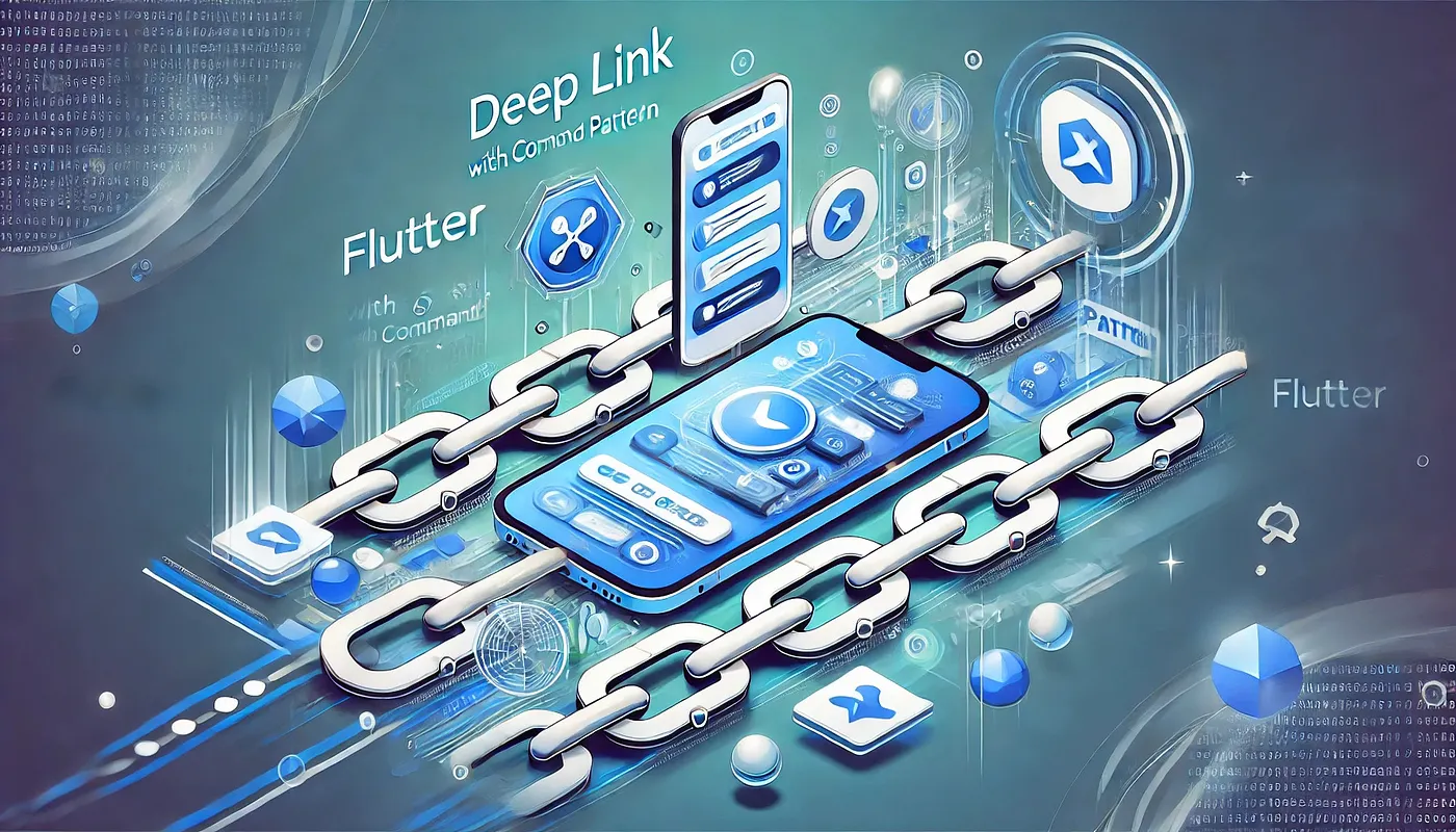 A smartphone wrapped in a chain, with Flutter and Deeplink labels on a teal background