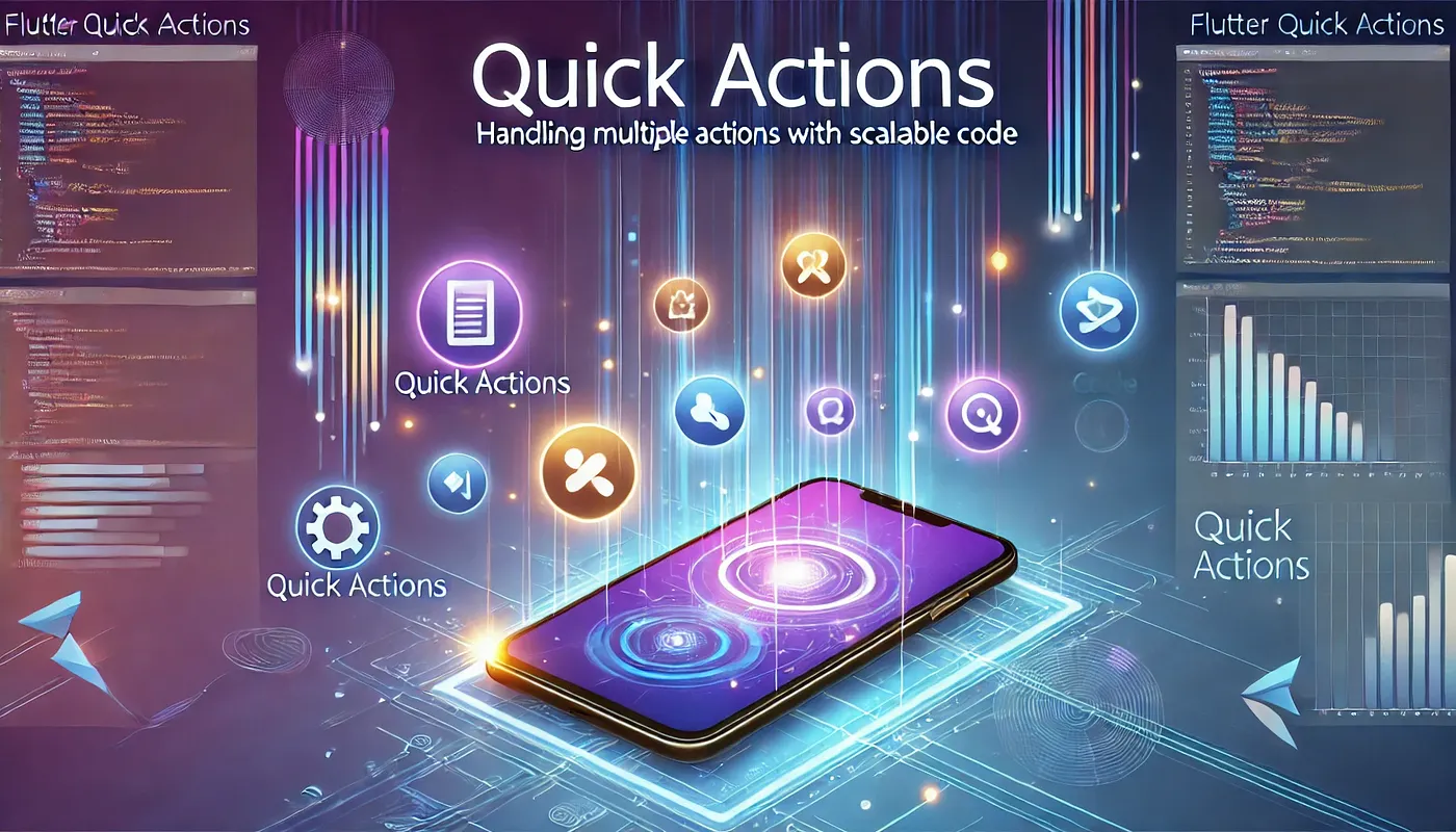 A smartphone surrounded by floating Quick Actions icons on a dark background
