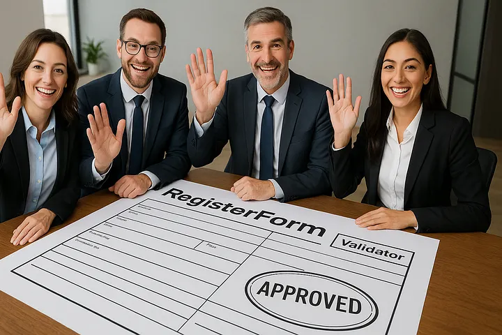 A smiling team waving behind an approved registration form