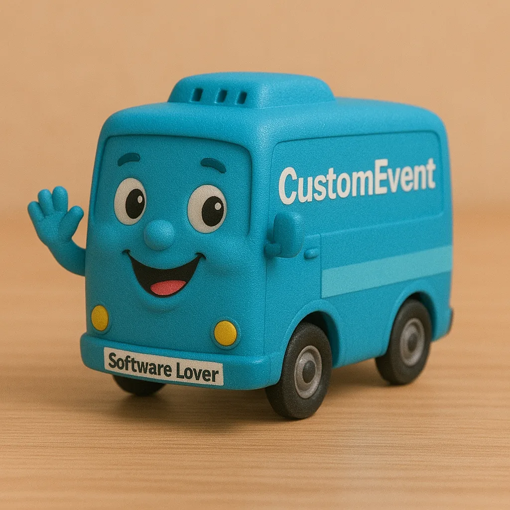 A smiling toy van labeled CustomEvent, waving, with a Software Lover license plate