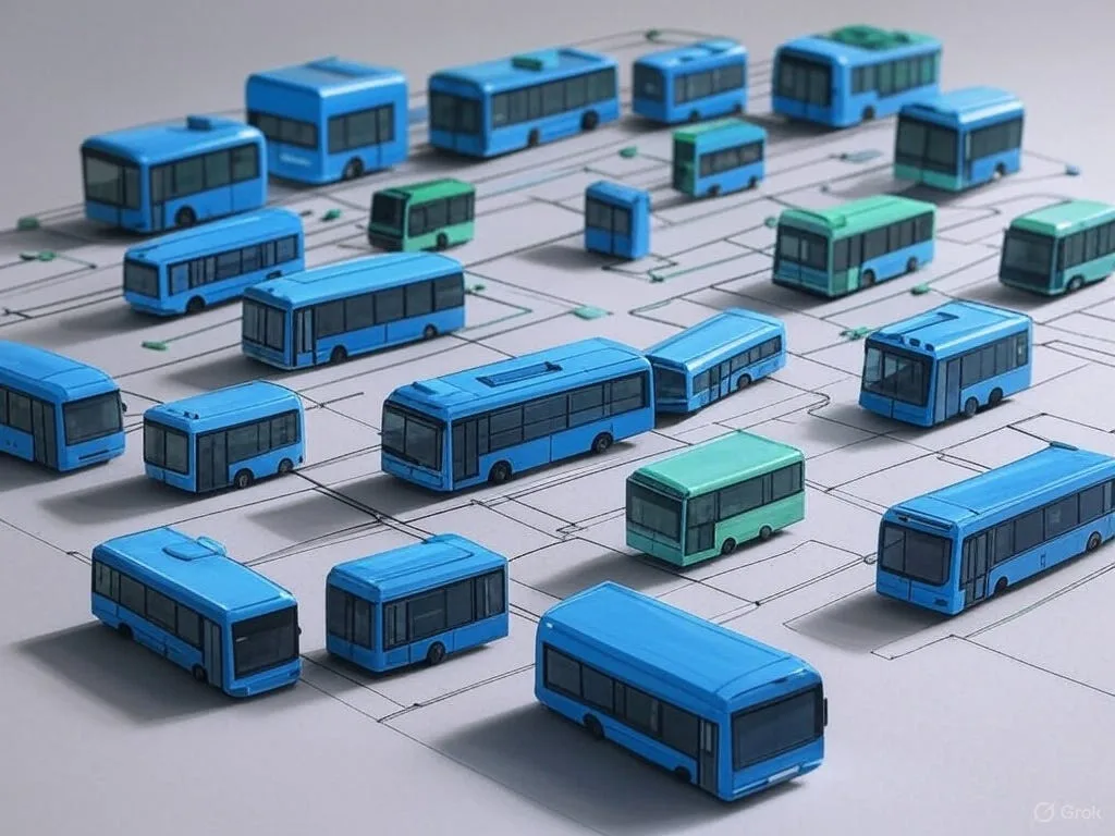 Toy buses of different sizes connected by thin lines on a light surface
